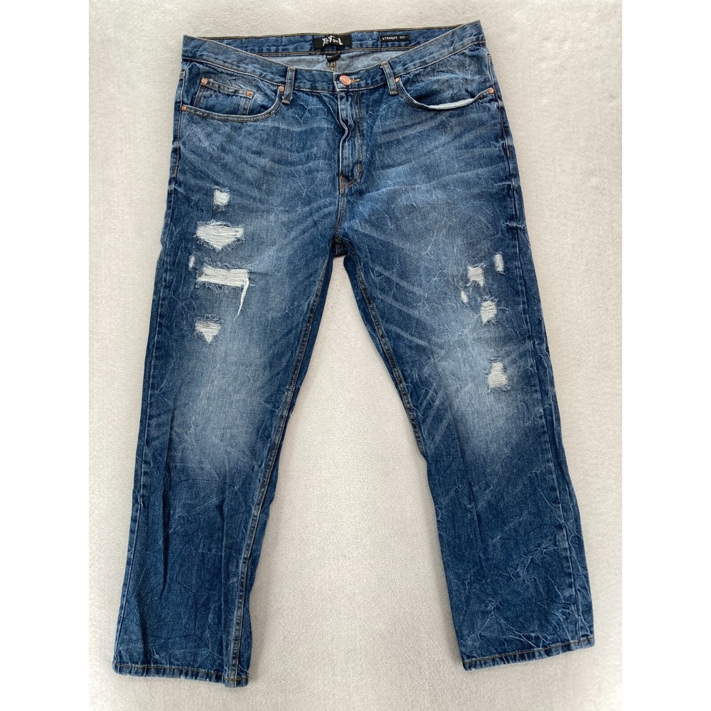 ReFuel Jeans Mens 42x30 Straight Fit Dark Wash Blue Denim Distressed Grunge Y2K